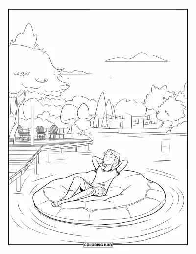 Coloriage de natation pour enfants : Un adolescent se détend sur un flotteur dans un lac près d'arbres, d'une terrasse et de bâtiments