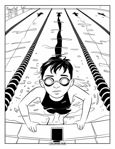 Coloriage de natation pour enfants : Un adolescent nage dans un bassin olympique sous les acclamations des spectateurs