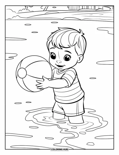 Coloriage de natation pour enfants : Un tout-petit en rayures tient un ballon de plage debout dans une eau calme près d'arbres