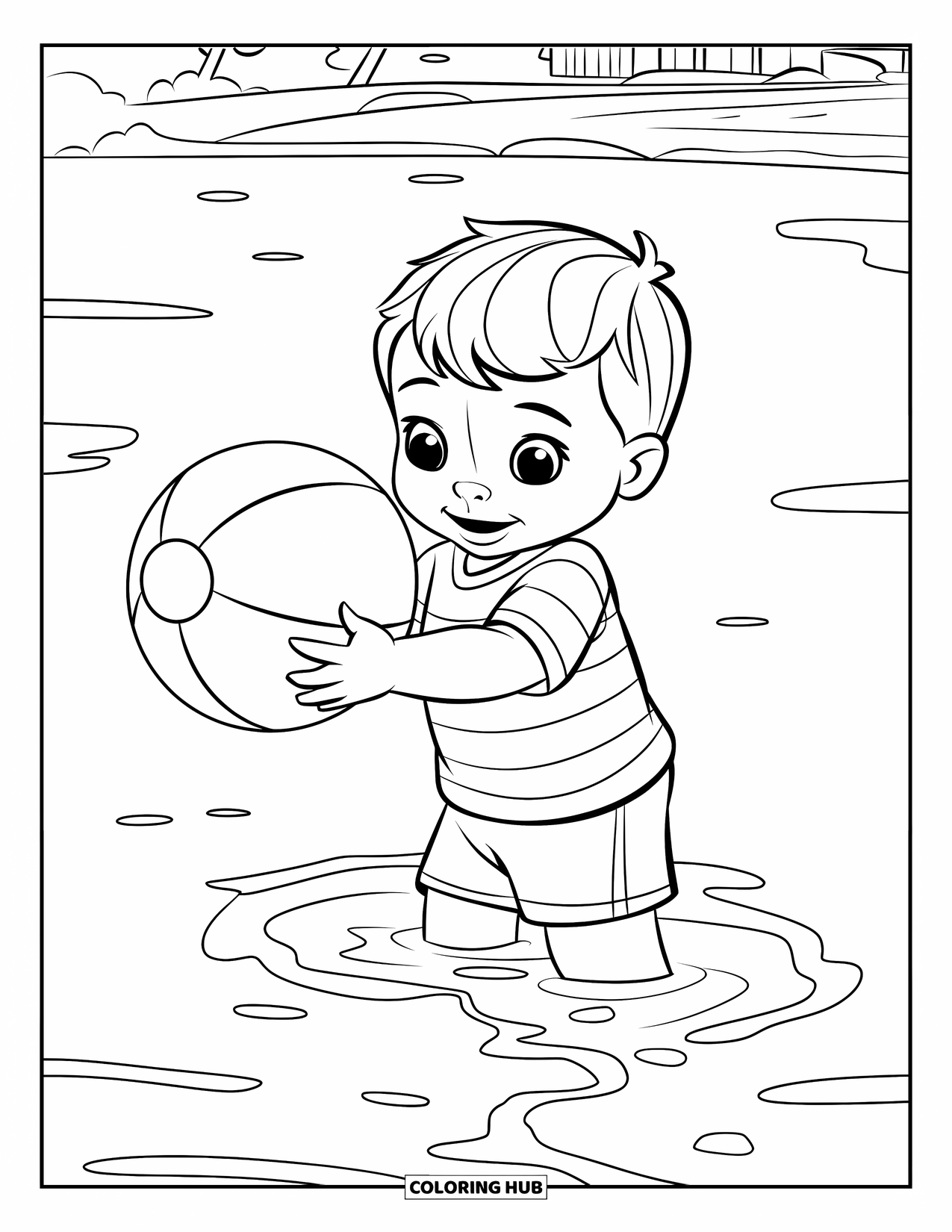 Swimming Coloring Page for Kids: A toddler in stripes holds a beach ball standing in calm water near trees