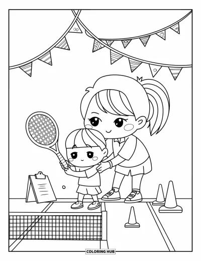 Coloriage de tennis pour adultes : Un entraîneur bienveillant ajuste la prise d'un jeune joueur avec des drapeaux et des équipements à proximité