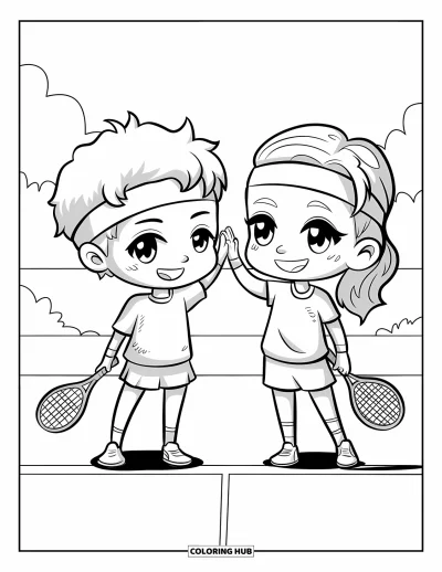 Coloriage de tennis pour adultes : Deux meilleurs amis avec des bandeaux s'échangent un high-five après un match de tennis