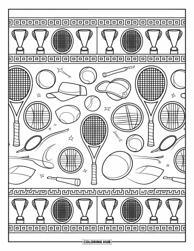 Coloriage de tennis pour adultes : Bordure remplie de raquettes, de balles, de visières et de trophées dans un joli motif répétitif