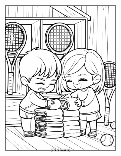 Coloriage de tennis pour adultes : Un garçon et une fille rangent leur matériel dans des casiers en pliant des serviettes avec de grands sourires