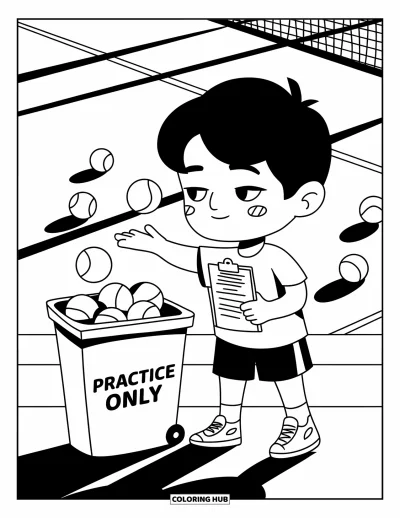 Coloriage de tennis pour adultes : Un garçon chibi recycle tranquillement des balles de tennis, entouré de détails apaisants du court