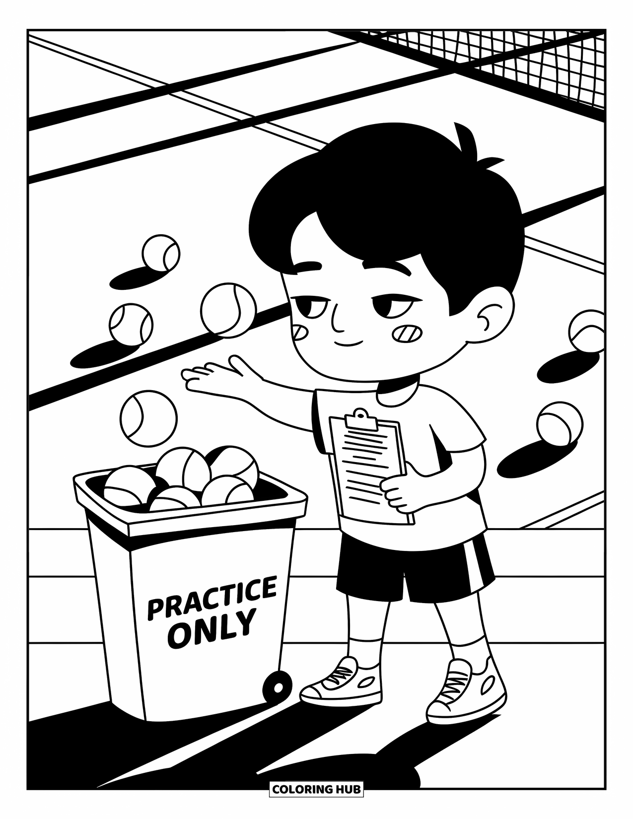 Coloriage de tennis pour adultes : Un garçon chibi recycle tranquillement des balles de tennis, entouré de détails apaisants du court