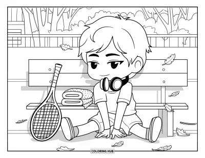 Coloriage de tennis pour adultes : Un garçon chibi se détend près d'un court, casque sur les oreilles et serviettes empilées à côté