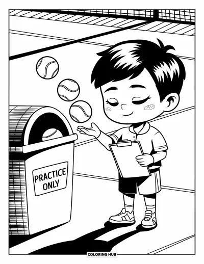 Coloriage de tennis pour adultes : Un garçon chibi souriant jette délicatement des balles dans un bac marqué "Practice Only"