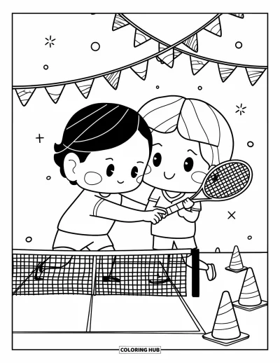 Coloriage de tennis pour adultes : Un entraîneur chibi aide doucement un jeune joueur à ajuster sa prise près de drapeaux et de cônes