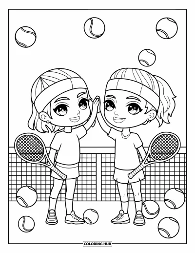 Coloriage de tennis pour adultes : Un duo chibi célèbre avec un high-five près du filet avec des balles de tennis éparpillées