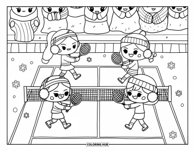 Coloriage de tennis pour adultes : Des amis chibi jouent au tennis en intérieur avec des moufles, des bandeaux et une tenue d'hiver douillette