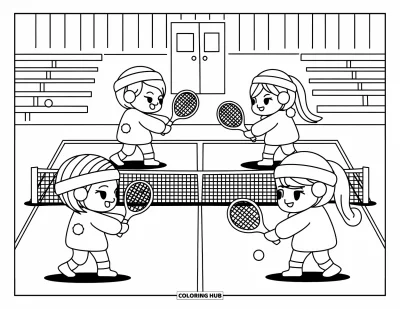 Coloriage de tennis pour adultes : Match en double en intérieur avec des amis chibi en tenues chaleureuses et une énergie joyeuse