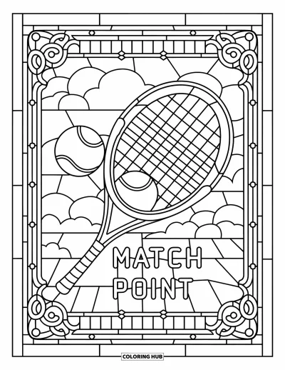 Coloriage de tennis pour adultes : Raquette, balles de tennis et "Match Point" dans un vitrail ornemental