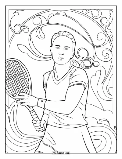 Coloriage de tennis pour adultes : Portrait d'un joueur de tennis entouré de volutes de vignes et de motifs fluides