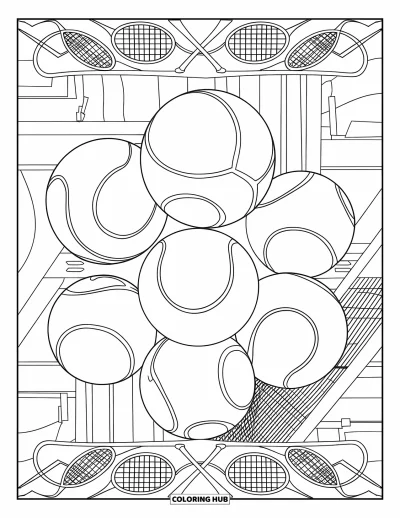 Coloriage de tennis pour adultes : Des spirales de balles de tennis s'enroulent autour d'un court avec des bords décoratifs