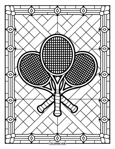 Coloriage de tennis pour adultes : Vitrail avec des raquettes superposées sur un fond de lignes entrecroisées