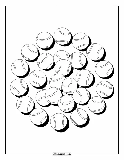 Coloriage de tennis pour adultes : Des balles de tennis rebondissent en mouvement circulaire, certaines en l'air et d'autres au sol