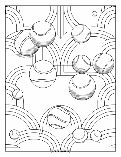 Coloriage de tennis pour adultes : Des balles de tennis en plein rebond avec des arcs formant un motif visuel rythmique