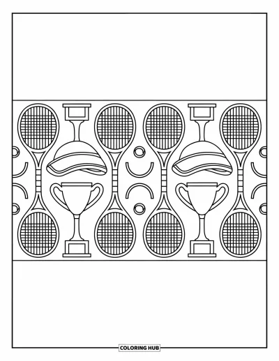 Coloriage de tennis pour adultes : Des équipements de tennis disposés de façon ludique avec des raquettes tenant des balles et des visières sur des trophées