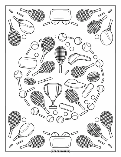 Coloriage de tennis pour adultes : Des équipements de tennis forment un cercle au centre avec une bordure à motifs