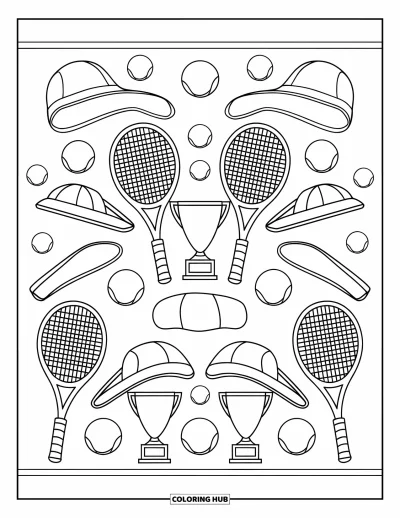 Coloriage de tennis pour adultes : Bordure thématique tennis avec des équipements répétitifs dans un cadre soigné