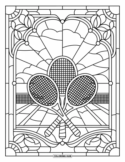 Coloriage de tennis pour adultes : Vitrail thématique tennis avec raquettes, filet et une bordure ornementale
