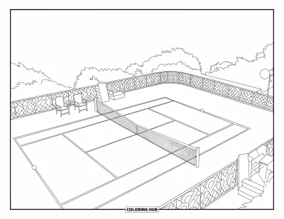 Coloriage de tennis pour adultes : Vue de dessus d'un court de tennis clôturé avec des chaises, des arbres et un ciel dégagé