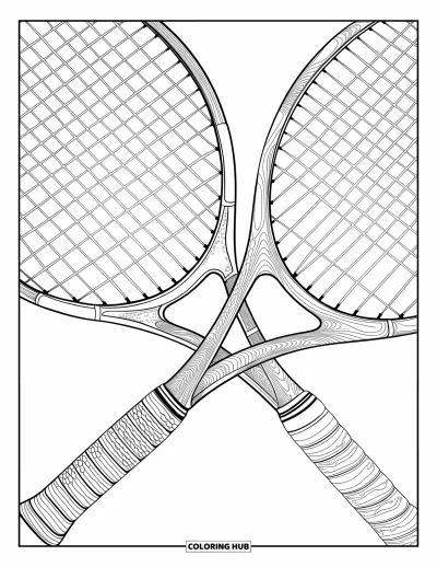 Coloriage de tennis pour adultes : Deux vieilles raquettes croisées avec des motifs de manche uniques, sans rien autour