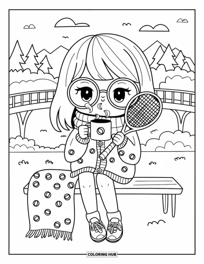 Coloriage de tennis pour adultes : Enveloppée dans une écharpe, une fille sirote son thé avec des équipements de tennis et des montagnes en arrière-plan