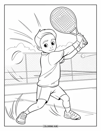 Coloriage de tennis pour enfants : Un revers en pleine action pendant que le joueur s'entraîne près d'une clôture