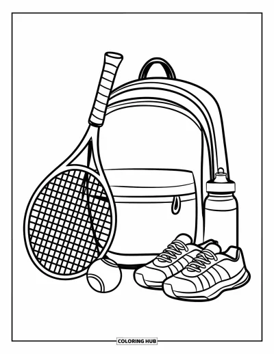 Coloriage de tennis pour enfants : Un sac à dos avec une raquette repose près de chaussures, d'une bouteille et d'équipements