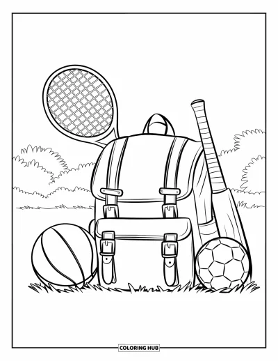 Coloriage de tennis pour enfants : Un sac à dos avec des équipements de tennis et de sport posé dans l'herbe près d'arbres