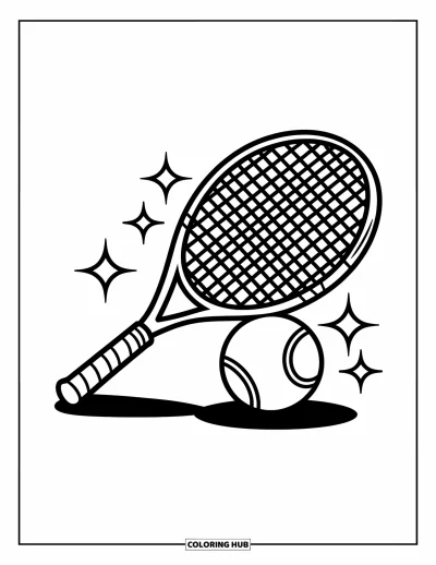 Coloriage de tennis pour enfants : Une balle repose sur une raquette avec des étoiles scintillantes autour