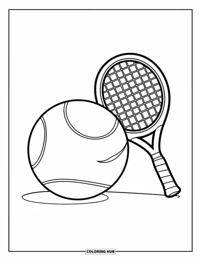 Coloriage de tennis pour enfants : Une grande balle de tennis repose près d'une raquette dans une scène joyeuse