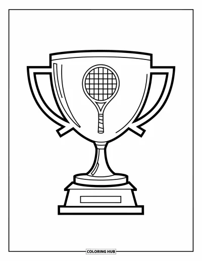Coloriage de tennis pour enfants : Un grand trophée avec un motif de raquette repose sur un podium