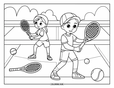 Coloriage de tennis pour enfants : Un garçon et une fille s'entraînent au camp avec des raquettes sur le court