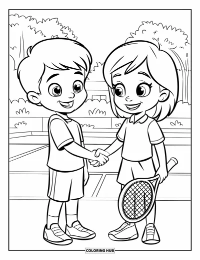 Coloriage de tennis pour enfants : Un garçon et une fille se serrent la main sur un terrain herbeux avec des arbres derrière