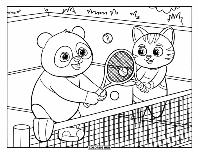 Coloriage de tennis pour enfants : Un chat et un panda s'échangent la balle par-dessus un filet sur un court herbeux avec des arbres
