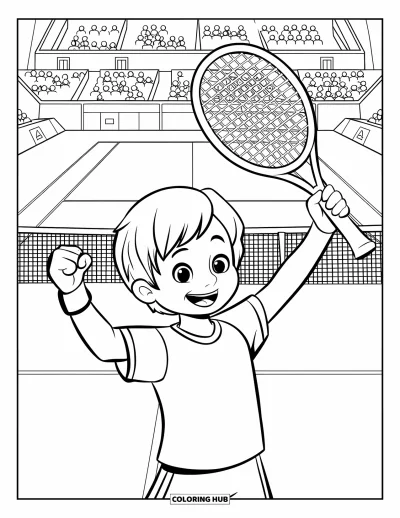 Coloriage de tennis pour enfants : Un enfant enthousiaste lève sa raquette devant un stade rempli de supporters