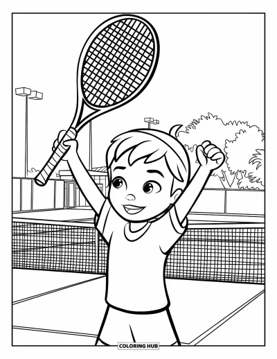 Coloriage de tennis pour enfants : Un enfant célèbre sa victoire, raquette levée avec des arbres derrière lui