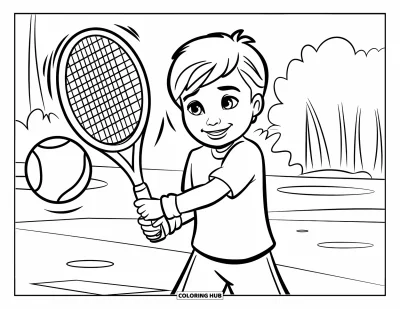Coloriage de tennis pour enfants : Un enfant souriant balance sa raquette, la balle suspendue en plein vol