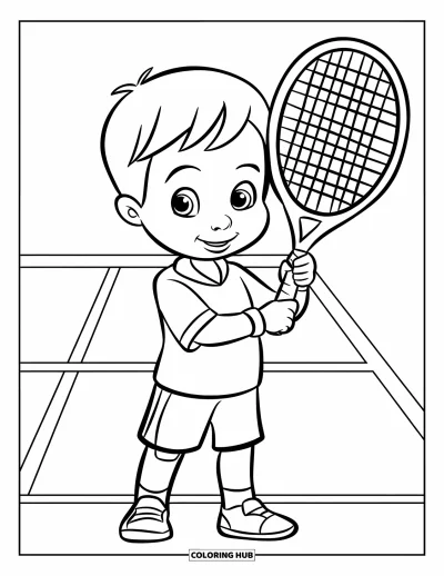 Coloriage de tennis pour enfants : Un enfant se tient fièrement avec une raquette de tennis sur un court tracé