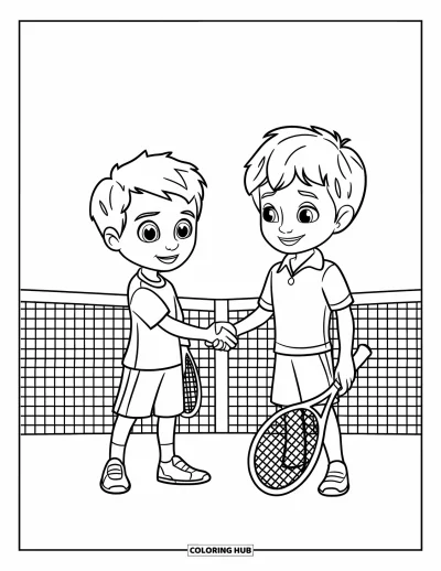Coloriage de tennis pour enfants : Des enfants se serrent la main près d'un filet, avec raquettes et court inclus