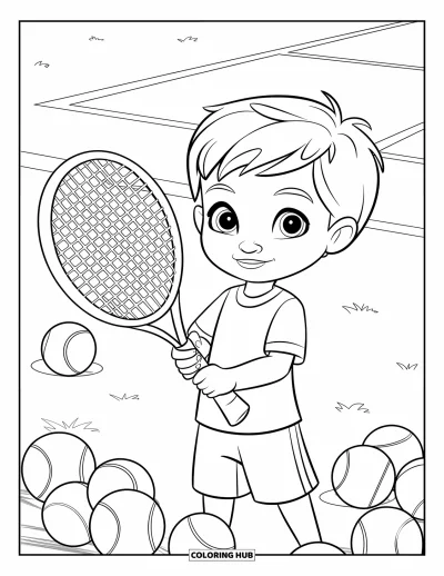 Coloriage de tennis pour enfants : Un enfant confiant tient sa raquette sur un court avec des balles éparpillées autour