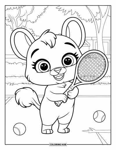 Coloriage de tennis pour enfants : Un adorable animal à la queue touffue tient une raquette sur un terrain herbeux