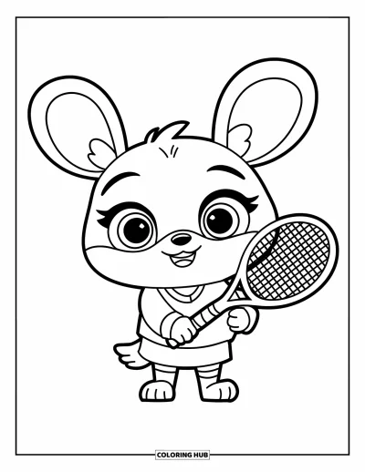 Coloriage de tennis pour enfants : Un adorable animal aux grands yeux tient fièrement une raquette de tennis