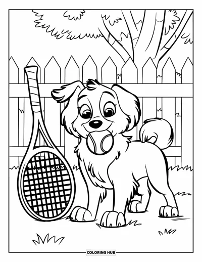Coloriage de tennis pour enfants : Un chien tient une balle de tennis près d'une raquette sous un arbre et une clôture blanche