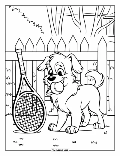 Coloriage de tennis pour enfants : Un chien duveteux avec une balle de tennis se tient sur une pelouse près d'une clôture et d'arbres