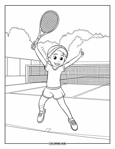Coloriage de tennis pour enfants : Un enfant joyeux saute avec sa raquette après une victoire au tennis