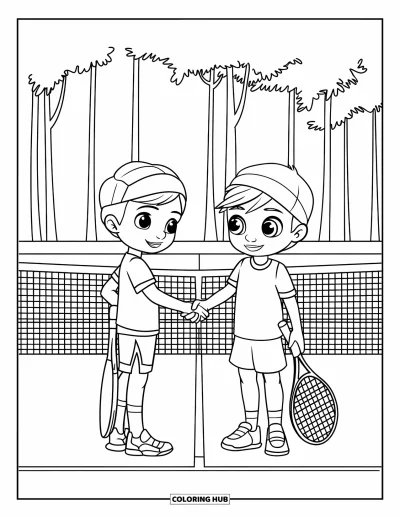 Coloriage de tennis pour enfants : Des enfants en tenue de tennis se serrent la main sous de grands arbres après un match